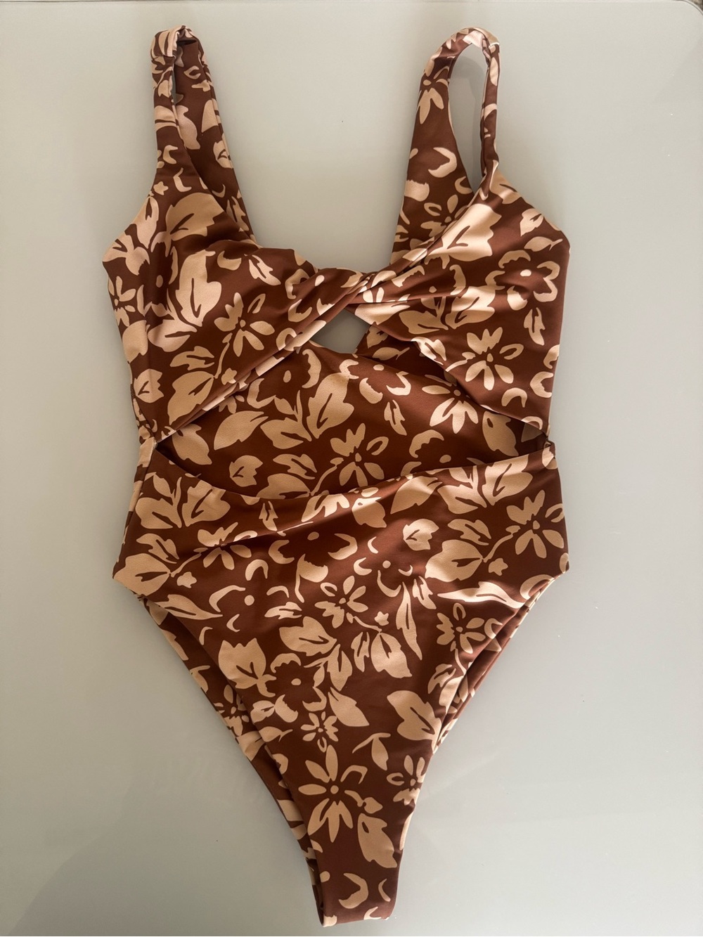Skatie Namotu Print Brown Floral Twist Cutout One-Piece Swimsuit